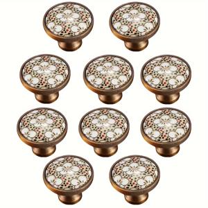 TEMU 구리색 세라믹 핸들 5개/10개 세트 - 원형 싱글홀 캐비닛 노브, 아연 합금 & 세라믹 마감, 광택 메탈 서랍/문 손잡이, 침대 옆 테이블 핸들, 캐비닛/신발장/옷장용 가구 하드웨어, 설치 키트 포함