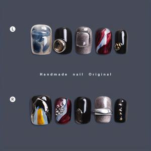 TEMU 고급 순수 수제 착용 갑옷, 달콤하고 시원한 INS 네일 패치, 흑백 , 10개 세트, 짧은 사각형 네일 아트