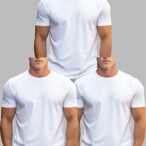 TEMU 남성용 화이트 티셔츠 3팩 - 빠른 건조, 통기성, 땀 흡수 기능 | 헬스, 러닝, 피트니스용 편안한 폴리에스터 크루넥 티