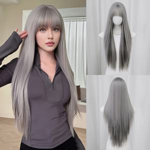 TEMU 앞머리 장식이 있는 긴 실버-그레이 가발, 고밀도 및 블랙 특징, 및 파티에 적합. 이 열 저항 합성 가발은 31.49인치입니다.