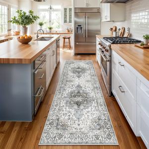 TEMU 1pc 빈티지 페르시아 스타일 러너 매트 - 내구성, 부드러운 폴리에스테르, 기계 세척 가능 - 주방, 발코니, 입구에 이상적인 - 밝은 회색 배경에 우아한 파란색과 베이지 꽃무늬가 있는 계단 러너 매트|장식 바닥 매트|내구성 있는 폴리에스테르, 세척 가능한 지역 매트