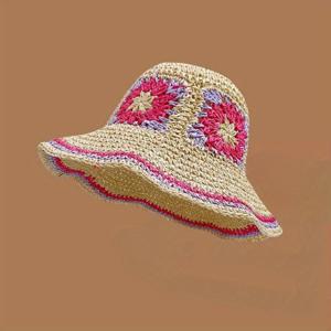 TEMU 스타일 패셔너블 핸드메이드 플로럴 스트로우 모자, 빈티지 컬러 블록 디자인과 가벼운 접이식 기능. 일상 착용, 야외 여행 또는 축제 파티에 완벽한 여성 선물