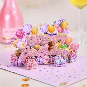 TEMU 반짝이는 보라색 3D 팝업 생일 카드, 반짝이는 황금 '생일 축하' 문구, 하트 디자인 및 풍선 - 그녀, 엄마, 어머니의 날, 결혼식, 교사 감사, 기념일 및 추수감사절에 완벽함 - 축제 파티 장식 및 선물 아이디어, 생일 장식