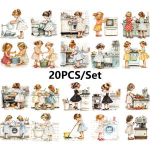 TEMU 빈티지 워터컬러 주방 소녀 스티커 팩 - 귀여운 청소년 요리 및 청소 디자인, DIY 스크랩북, 일기, 노트북, 휴대폰 케이스 등에 완벽한 - 그녀의 이상적인 선물, 스크랩북 스티커 | 유쾌한 삽화 | 내구성 있는 접착제, 주방 장식