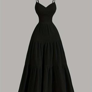 TEMU 블랙 우아한 여신 스파게티 스트랩 A라인 허리라인 드레스