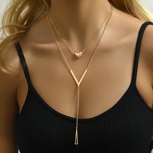 TEMU 세련되고 미니멀한 이중 레이어 기하학적 하트 Y자형 롱 목걸이, 및 선물용으로 완벽