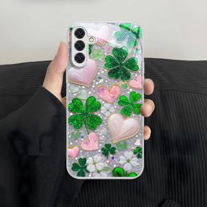 TEMU 휴대폰 케이스 - 핑크 하트 4잎 클로버 실버 프레임 유리 휴대폰 케이스 (삼성 갤럭시 A04 A04S A06 A13 A14 A15 A16 A22 A23 A24 A25 A32 A33 A34 A35 A52 A52S A53 A54 A55 S21 S23 S24 FE S25 S22 플러스 울트라 5G 아트 럭셔리 - 1V0207)