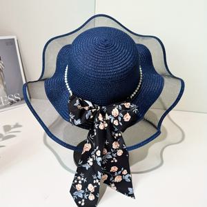 TEMU 여성용 대형 리본 디자인 넥타이 1개, 우아하고 트렌디한 스트로우 모자, 메시 브림, 여름 여행용 햇빛 가리개 모자
