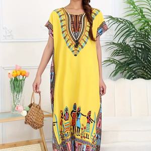 TEMU 여성용 맥시 드레스 - 화려한 민족 프린트, 루즈핏, 반팔, 라운드 넥, 가벼운 폴리에스테르, 여름 휴가와 해변 투어에 적합, 해변 드레스