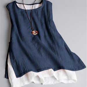 TEMU Directional YT: 라운드넥 페이크 투피스 컬러 블록 민소매 탱크 탑