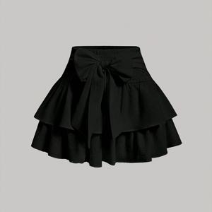 TEMU 여성용 솔리드 컬러 멀티레이어 케이크 스커트 - 리본 벨트 디자인, 캠퍼스 스타일, 젊은 활력 강조
