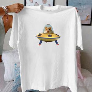 TEMU 여성용 UFO & 햄스터 프린트 반팔 티셔츠 - 생기발랄한 그래픽 디자인의 부드러운 캐주얼 탑, 라운드 넥 봄 여름용 티, 세탁 가능한 편안한 일상 셔츠, 다재다능한 티, 유쾌한 디자인, 편안한 핏, 통기성 소재, 인쇄된 셔츠