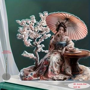 TEMU 2D 플랫, 1개 2D 아크릴 일본 게이샤 스태츄 꽃무늬 기모노와 핑크 우산 - 전통 스타일 홈, 거실, 침실, 사무실 및 카페 장식용 | 생동감 있는 장식품 | 정교한 디자인