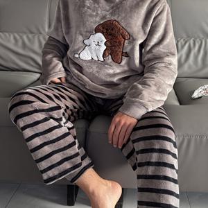 TEMU 겨울 남성용 따뜻한 라운지웨어, 부드럽고 포근하며 피부에 편안함, 자수된 만화 강아지 장식