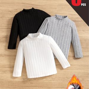 TEMU 3pcs 남아 여아 플러시 솔리드 컬러 니트 터틀넥 베이스레이어, 가을 겨울 일상복 편안한 보온 옷