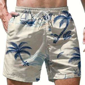 TEMU 남성용 코코넛 트리 3D 프린팅 쇼츠, 드로스트링 및 양면 포켓, 빠른 건조와 통기성, 약간의 신축성 폴리에스터 소재, 캐주얼하고 패셔너블, 여름 여가 및 야외 활동에 완벽