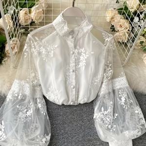 TEMU 여성용 단색 레이스 패치워크 버튼업 셔츠. 프렌치 빈티지 스타일의 스탠드 칼라와 랜턴 슬리브가 특징입니다. 이 다용도 긴팔 상의는 일상복 및 출퇴근에 완벽하며, 클래식하고 디자인을 구현합니다.