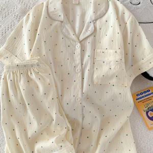 TEMU 여름 폴카 도트 프린트 여성 파자마 세트, 스위트 패션 라펠 가디건 반팔 & 쿨 숏츠 2피스 홈웨어 잠옷