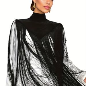 TEMU 다크 고딕 스타일 불규칙한 망토 - 섹시한 긴 프린지와 세미 하이 넥 볼룸 무대 장식 숄