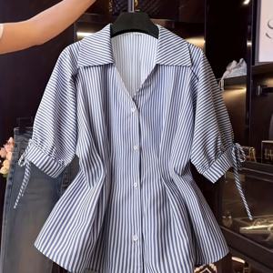 TEMU 봄과 여름 캐주얼 패션 여성 반팔 셔츠, 디자인 감각, 계절 축제, 데이, 파티, 빈티지 우아한 라펠, 라지 브이넥, 미드 슬리브 버튼업 여성 블라우스, 부활절, 이드 알피트르, 중동 라마단, 이드 알아드하, 가을 허리 슬림 커뮤팅 및 홈 버튼업 드로스트링 여성 셔츠