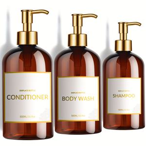 TEMU 모던 골든 디자인 펌프 병 세트 - 17온스 샴푸 & 컨디셔너 디스펜서 3개 세트 - 펌프 및 라벨 포함 - 쉬운 리필 바디워시 디스펜서로 욕실 인테리어 업그레이드 - 투명