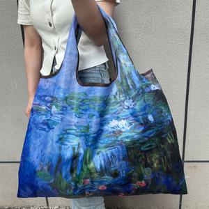 TEMU 대용량 휴대용 쇼핑백, 가벼운 유화 수련, 접이식 토트백, 싱글 숄더 핸드백