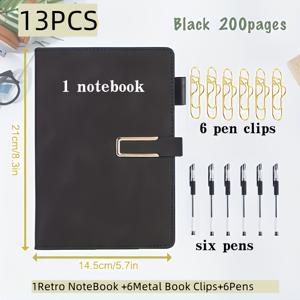 TEMU 13개 세트, (200페이지 컬러풀 소프트커버 저널 레트로 A5 노트북 + 메탈 클립 6개 + 펜 6개) 사무실 및 회의 기록에 적합, 졸업생 및 어버이날 선물로 이상적 (노트북 1개 + 펜 6개 + 펜 클립 6개, 총 13개)