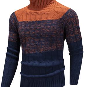 TEMU 가을/겨울용 도톰한 하이넥 풀오버, 정교한 패턴, 캐주얼 스포티 빈티지 스타일 컬러 남성 스웨터, 레귤러 핏