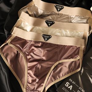 TEMU 남성용 아이스 실키 섬유 원단 얇고 광택 있는 파티 브리프 퍼포먼스 트렁크 3종 세트