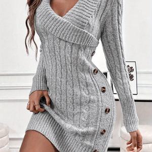 TEMU 타겟 개발 여성 V넥 풀오버 드레스, 솔리드 컬러 리브드 롱 슬리브 사이드 버튼 숏 스커트 패션 우아한 가을 겨울 스타일