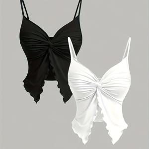 TEMU 여성용 Y2K 섹시 백리스 탑, 딥 레드/블랙 솔리드 컬러 플리트 디자인, 4계절 활용 베스트 세트 2pcs