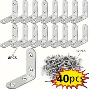 TEMU 40개 스테인리스 스틸 L형 코너 브레이스 키트, 8개 브래킷 + 32개 나사, 90도 직각, 나무 선반, 의자, 드레서, 가구 조립용