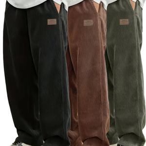 TEMU 남성용 빈티지 코듀로이 팬츠 3pcs - 와이드룩 루즈핏 레그 솔리드 컬러 팬츠, 사계절 캐주얼 및 파티용 - 코듀로이 트라우저 (세탁기 사용 가능)