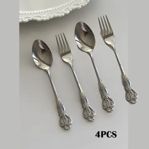 TEMU 빈티지 은제 포크와 스푼 2/4개 세트, 스테인리스 스틸 샐러드 조리 도구, 고급스러운 유럽 스타일 식기, 디저트 스푼, 선물용으로 완벽, 식기세척기 사용 가능, 반짝이는 은색