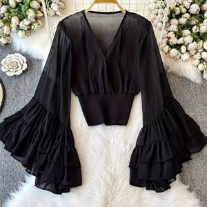 TEMU 니치 디자인 V넥 플레어 슬리브 프린트 여성 허리 슬림핏 다용도 시크 고딕 블라우스