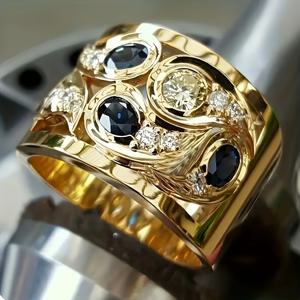 TEMU 럭셔리 중동 스타일 골든 링, 정교한 블루 합성 보석 인레이, 여성 남성용 와이드 링, 데일리 파티 연회 빈티지 링, 주얼리, 결혼 기념일 선물