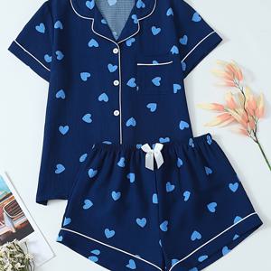 TEMU 러브 프린트 십대 반팔 반바지 잠옷 세트, 십대용