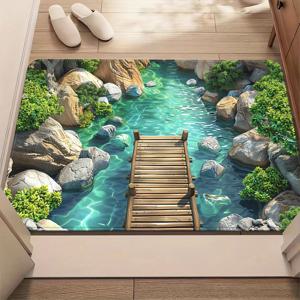 TEMU 1개 연못과 다리 플란넬 도어매트 | 평면 프린트, 미끄럼 방지, 내구성, 거실, 침실, 주방, 욕실, 파티오에 적합 | 세탁기 사용 가능, 폴리에스터, 크리스마스, 추수감사절, 하누카 장식