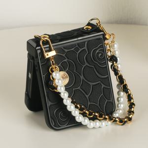 TEMU 스타일리시 PC 소재 풀바디 케이스 - 갤럭시 Z 플립3/4/6 시리즈용 프레스드 카멜리아 가죽 & 펄 스트랩 보호 커버