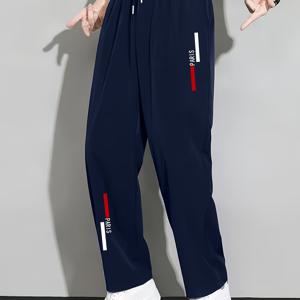 TEMU 남성용 여름 아이스 슬리키 섬유 원단 퀵드라이 조거 팬츠 - 블랙 레드 & 화이트 레터 프린트, 레그 디자인, 편안한 캐주얼 및 아웃도어 착용, 러닝, 트레이닝, 레저 활동에 완벽, 운동 바지, 스포츠 스타일, 내구성 있는 소재