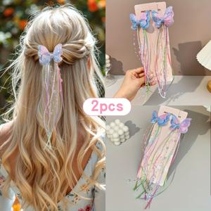 TEMU 2개 글리터 나비 헤어 클립, 비즈 태슬 장식, 여성용 컬러풀 헤어 바레트, 여성용 선물, 공주 장식