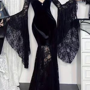 TEMU 여성용 고딕 다크 할로윈 롱 드레스, 벨벳 패치워크 레이스 섹시 니치 드레스. 유니크한 플레어 슬리브 드레스