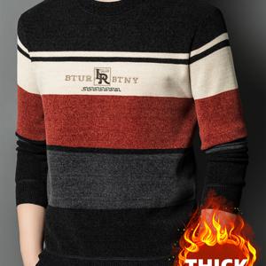 TEMU Rowdream Zhi OBM 남성용 새로운 겨울 캐주얼 라운드넥 스웨터, 대형 컬러 블록 스플라이스 가슴 조각 라운드넥 남성용 니트 스웨터, 두꺼운 및 따뜻한, 3가지 색상 제공, 데일리 외출복 캐주얼 패션, 아버지의 날을 위한 최고의 선물