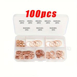 TEMU 100개 구리 와셔 | 구리 밀봉 와셔 | O링 솔리드 개스킷 모음 키트 | 자동차 엔진 오일 개스킷 썬프, 너트 및 볼트 세트 평면 링 씰 모음 키트 (상자 포함)