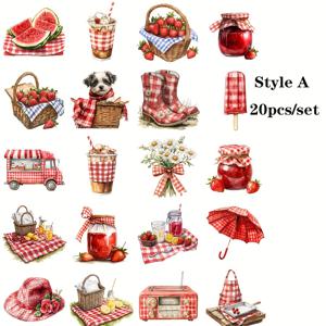 TEMU 빈티지 여름 레드 체크 피크닉 딸기 음료 잼 수제 스티커 20개 세트, 장식용, 2D 플랫