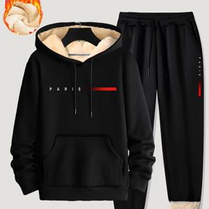 TEMU 남성용 파리 프린트 플리스 안감 2피스 조깅 슈트 세트 - 겨울용 따뜻한 후드티 & 캥거루 포켓 스웨트팬츠, 레터 P 패턴 매칭 아웃핏, 세탁기 사용 가능한 추운 날씨용 트랙수트