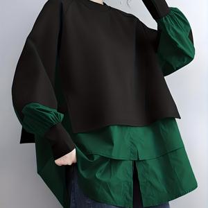 TEMU 플러스 사이즈 - 플러스 사이즈 - 패치워크 디자인의 신상 스타일리시하고 멋진 캐주얼 루즈핏 긴팔 스웨트셔츠. 통기성 좋고 편안한 원단으로 제작되었으며, 라운드넥과 집게 소매가 특징입니다.