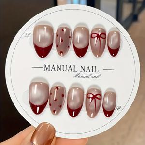 TEMU 10pcs Elegant Wine Red French Tip Press On Nails - Bow & Polka Dot Design Sweet Manual Fake Nails