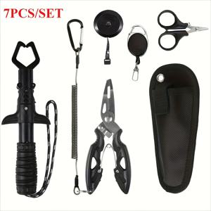 TEMU 배터리 없이 사용 가능한 오픈 루프 후크 제거기, 부식 방지 니들 노즈 플라이어, 미끼 가방, 물고기 입 그립퍼, 낚시 가위, 물고기 자, 수납식 버클, 수납식 분실 방지 로프를 특징으로 하는 낚시 도구 7종 세트