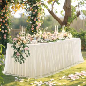 TEMU 할로윈 및 크리스마스용 우아한 화이트 시어 테이블 스커트, 6~9피트 - 결혼식 및 생일 축하 행사에 적합합니다. 이 다용도 재사용 가능한 장식은 하트 테이블 및 케이크 디스플레이에 이상적입니다.